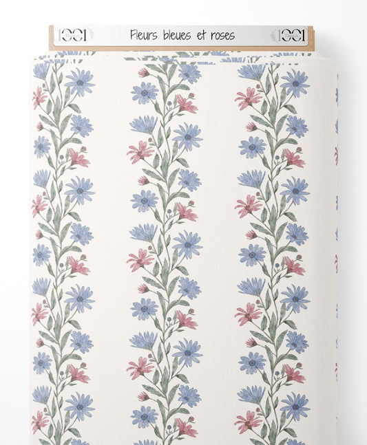 Tissu - Fleurs bleues et roses