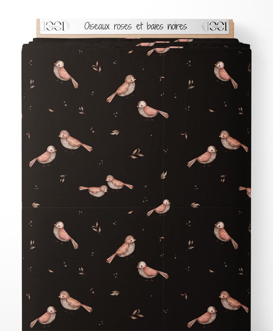 Tissu - Oiseaux roses et baies noires