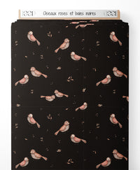 Tissu - Oiseaux roses et baies noires