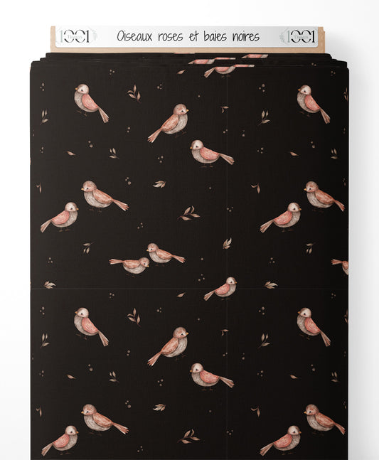 Tissu - Oiseaux roses et baies noires