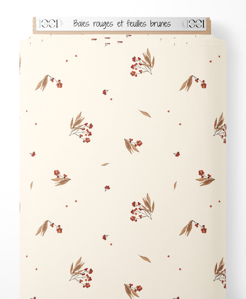 Tissu - Baies rouges et feuilles brunes