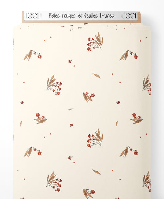 Tissu - Baies rouges et feuilles brunes