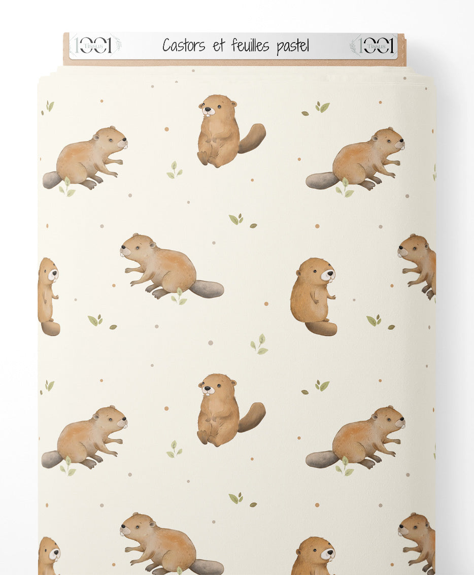Tissu - Castors et feuilles pastel
