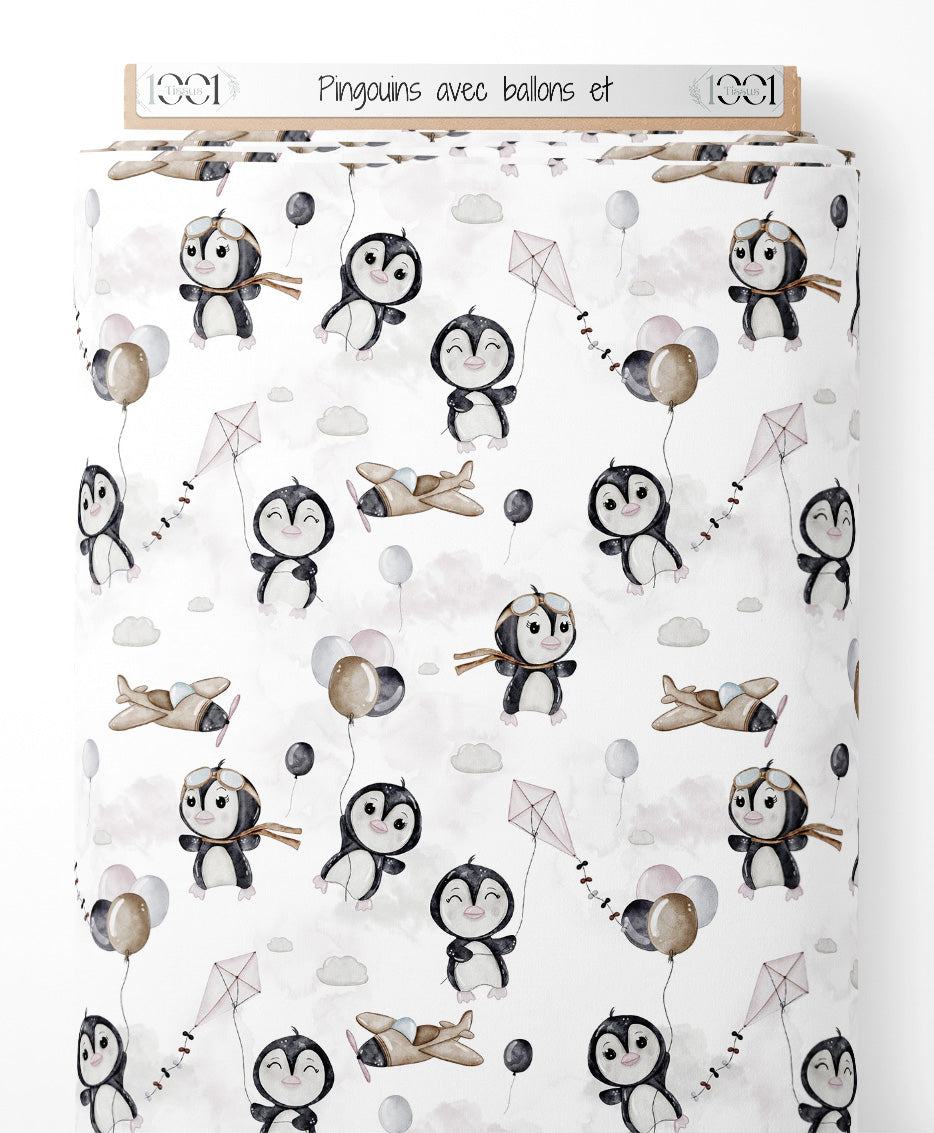Tissu - Pingouins avec ballons et