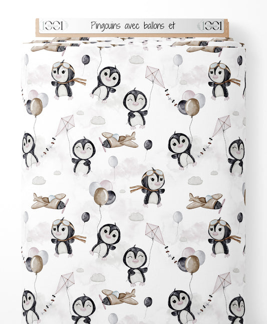 Tissu - Pingouins avec ballons et