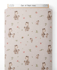 Tissu - Ours et fleurs roses