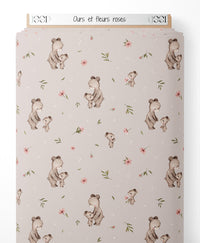 Tissu - Ours et fleurs roses