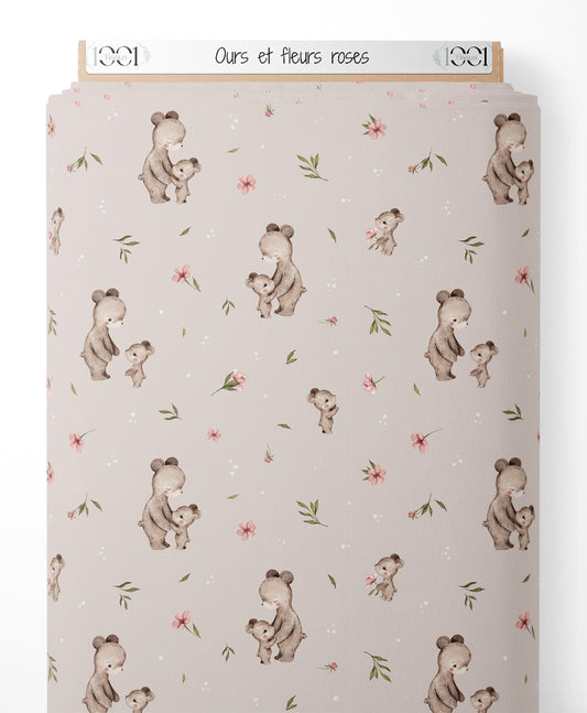 Tissu - Ours et fleurs roses