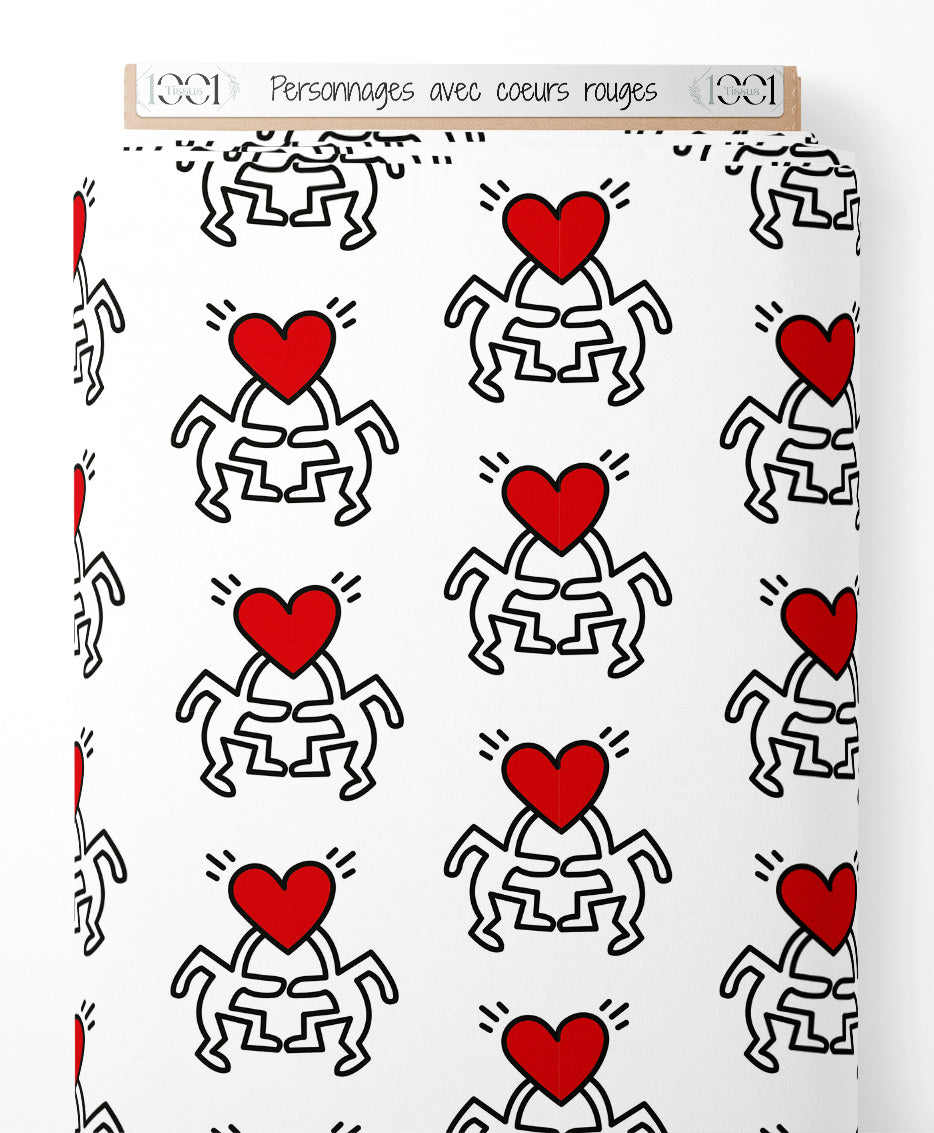 Tissu - Personnages avec cœurs rouges