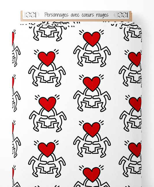 Tissu - Personnages avec cœurs rouges