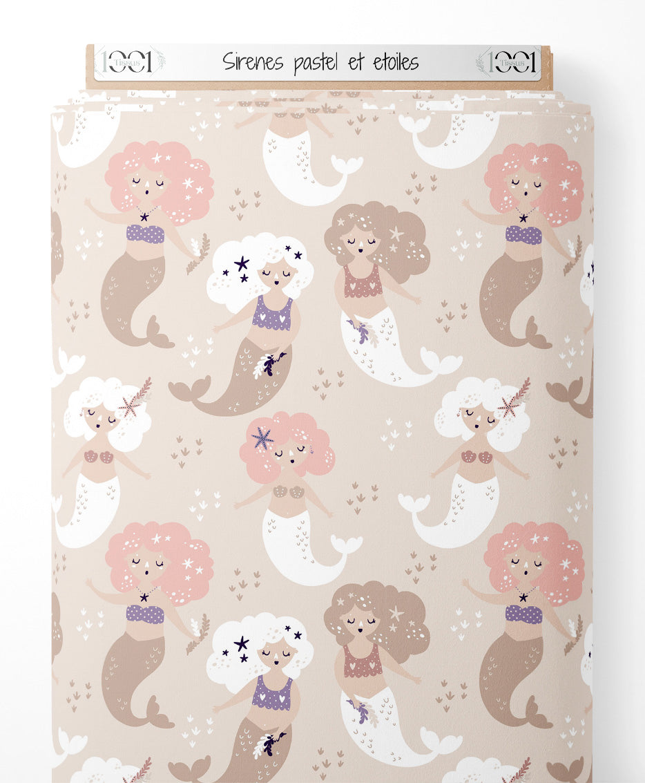 Tissu - Sirènes pastel et étoiles