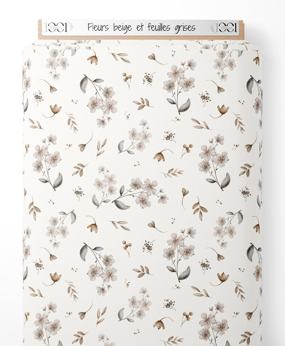 Tissu - Fleurs beige et feuilles grises