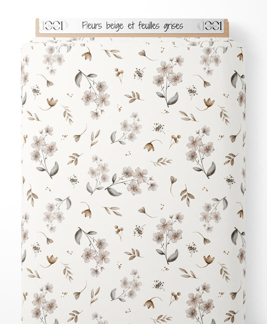 Tissu - Fleurs beige et feuilles grises