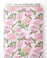 Tissu - Pivoines roses et feuilles vertes