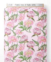 Tissu - Pivoines roses et feuilles vertes