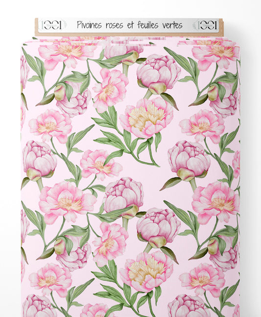 Tissu - Pivoines roses et feuilles vertes