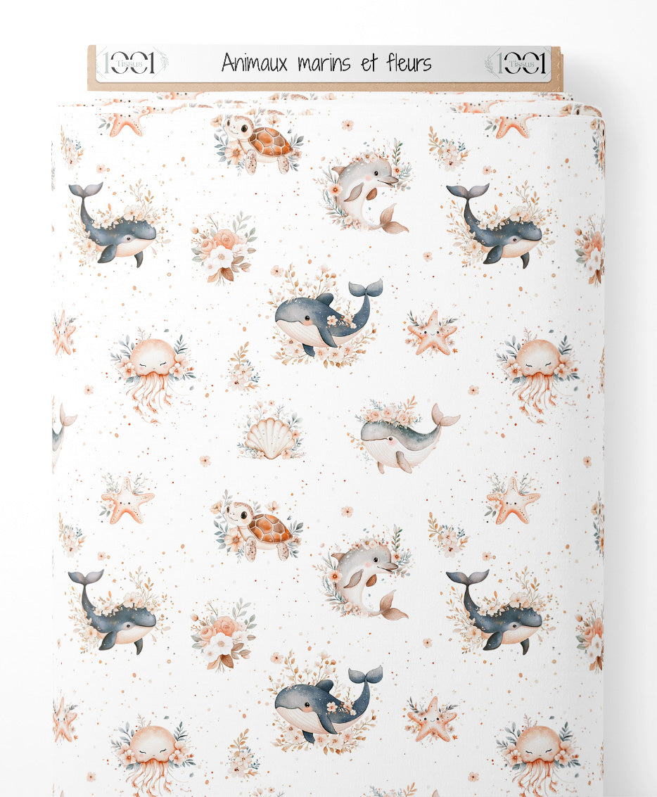Tissu - Animaux marins et fleurs
