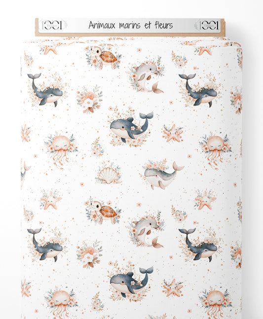 Tissu - Animaux marins et fleurs