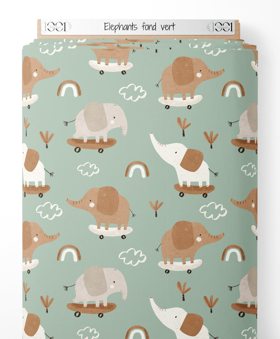 Tissu - Éléphants sur fond vert