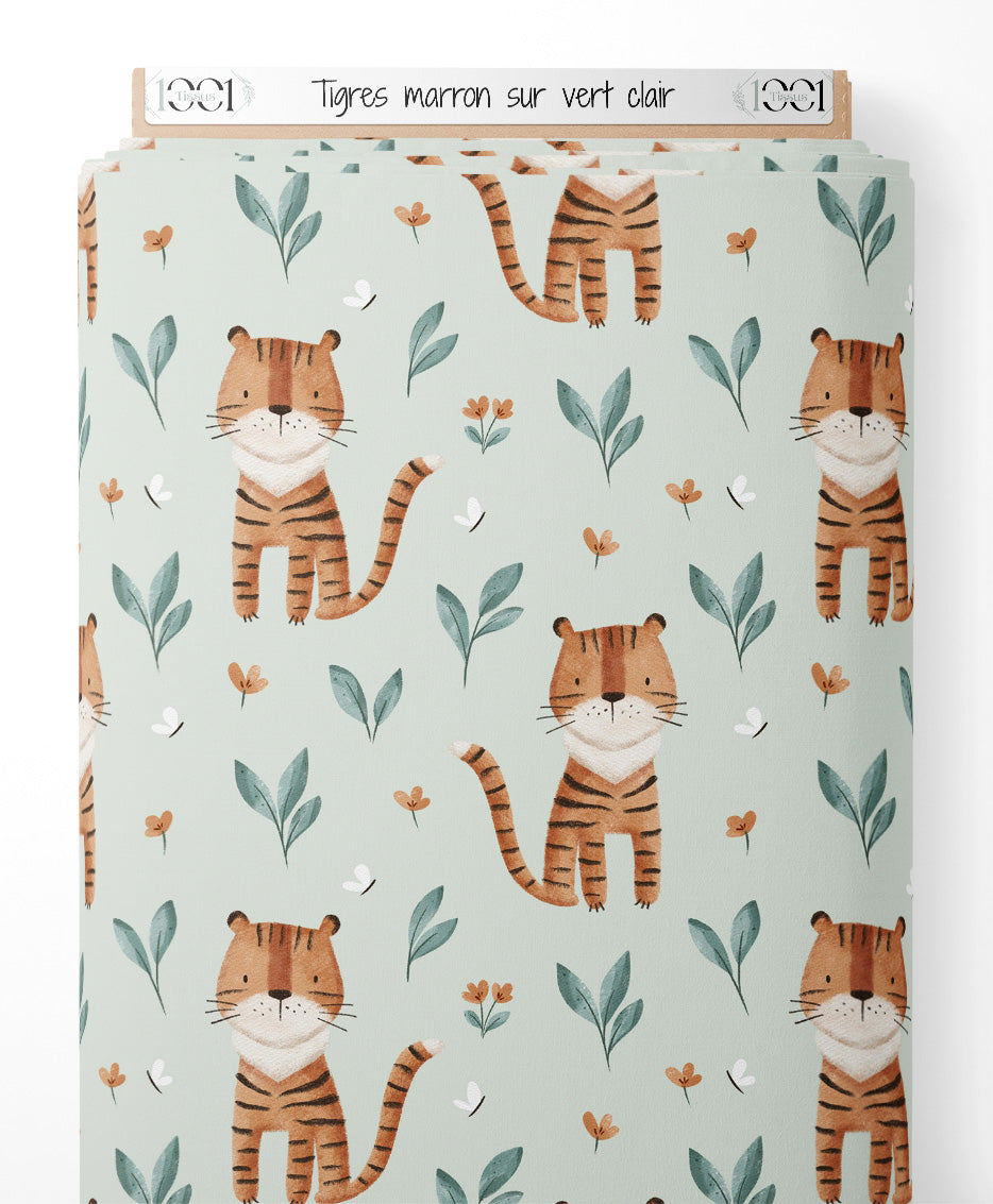 Tissu - Tigres marron sur vert clair