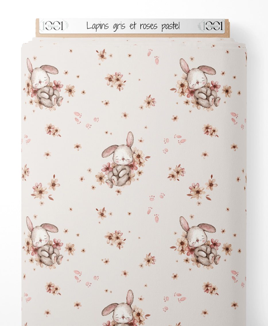 Tissu - Lapins gris et roses pastel