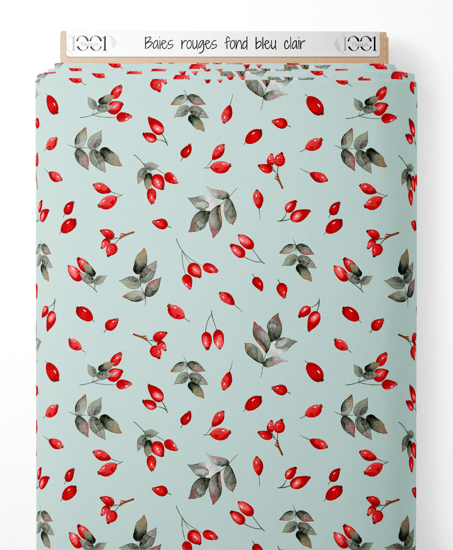 Tissu - Baies rouges sur fond bleu clair