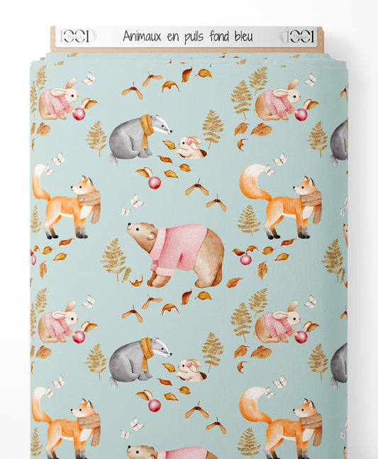 Tissu - Animaux en pulls sur fond bleu