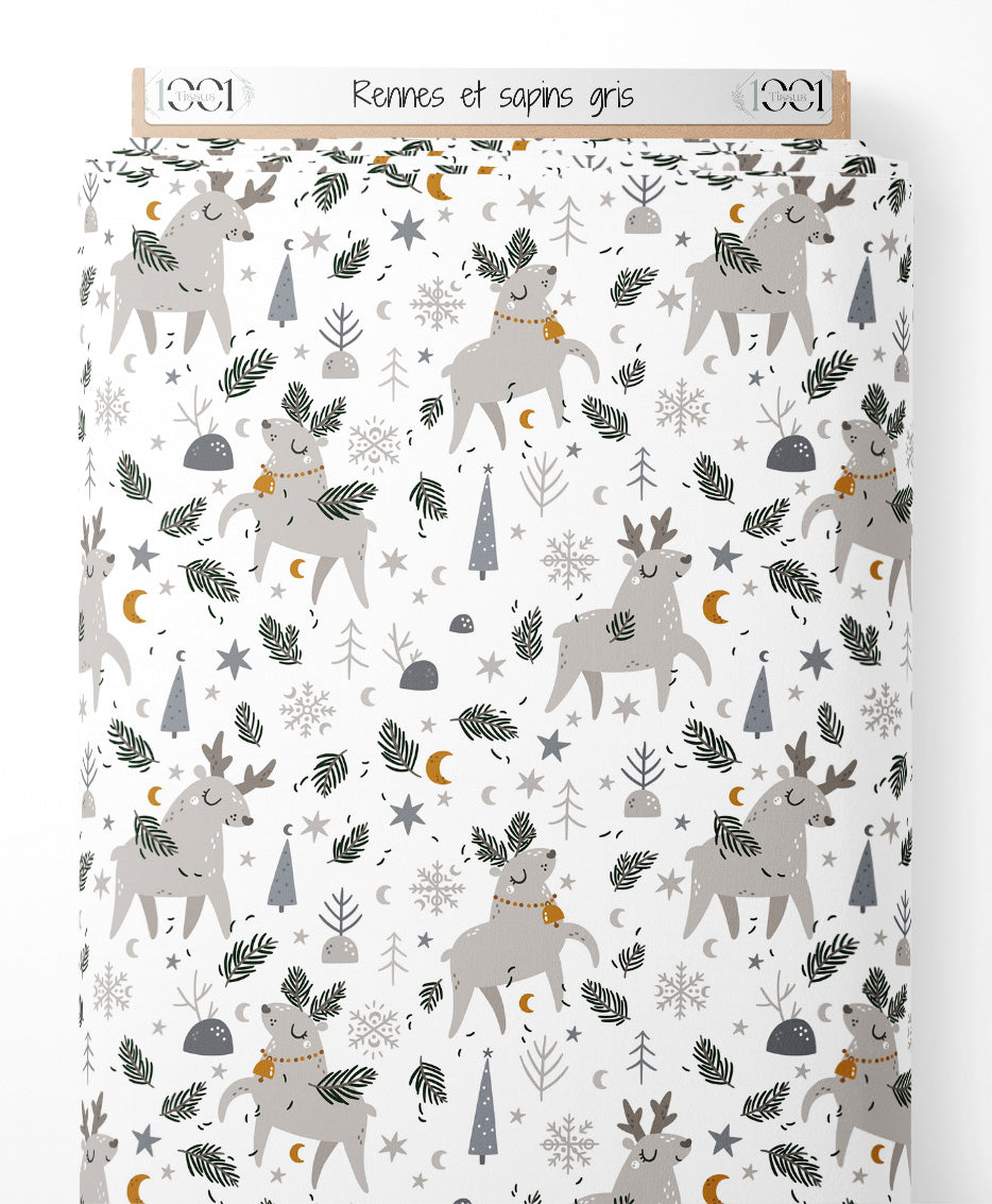 Tissu - Rennes et sapins gris