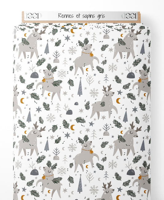 Tissu - Rennes et sapins gris