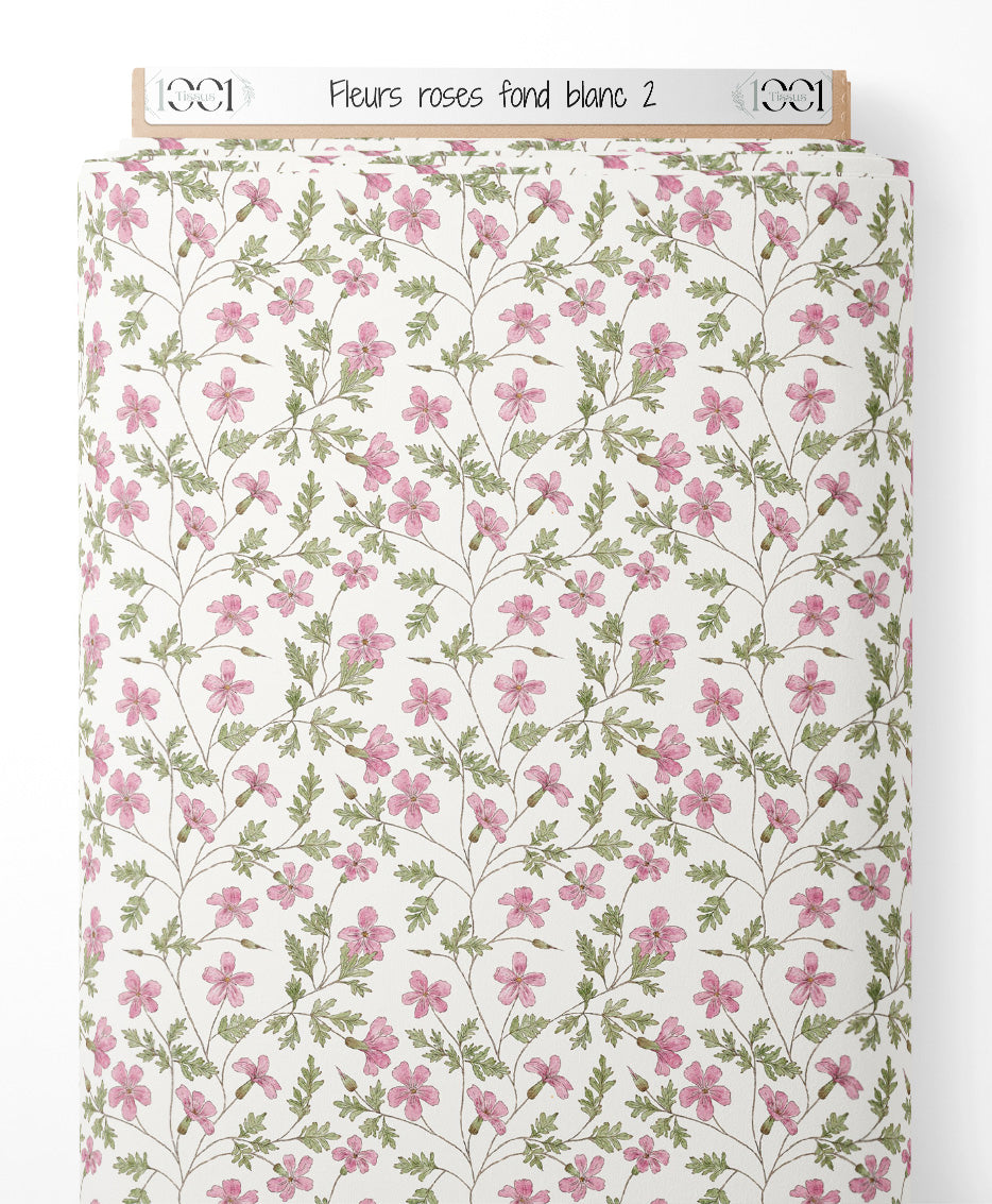 Tissu - Fleurs roses sur fond blanc 2