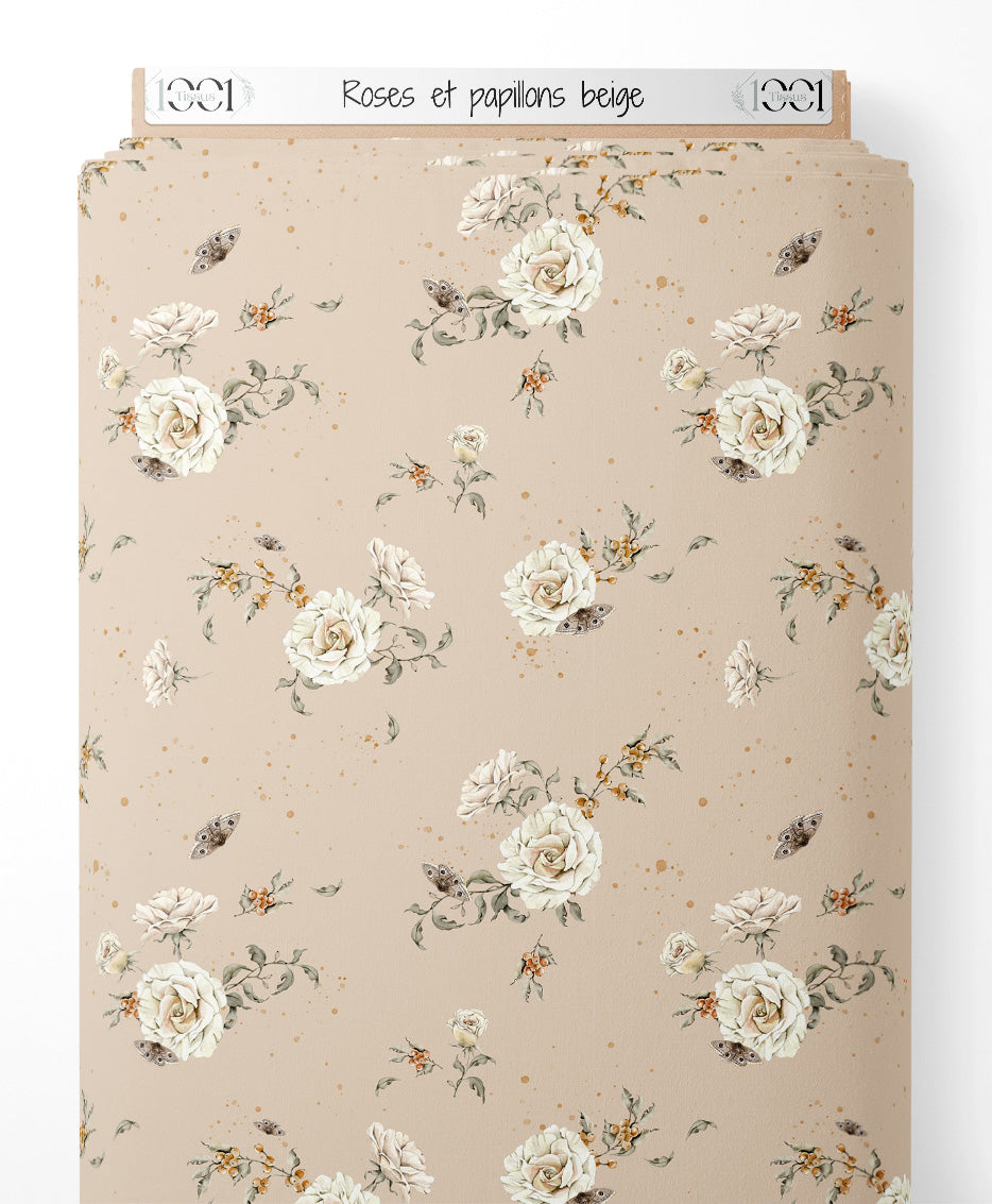 Tissu - Roses et papillons beige