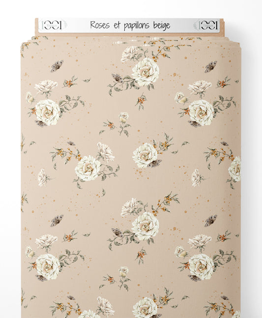 Tissu - Roses et papillons beige