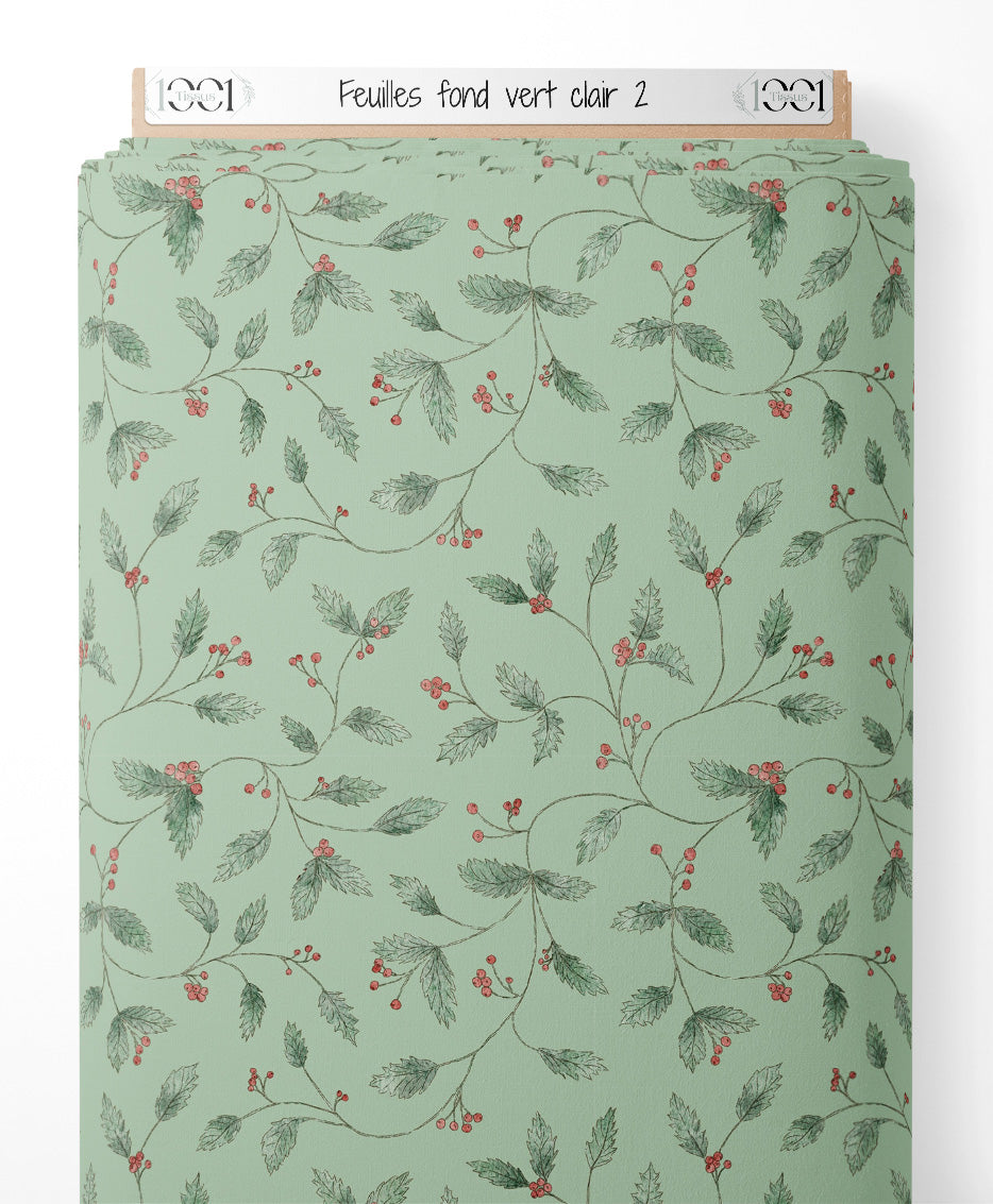 Tissu - Feuilles sur fond vert clair 2