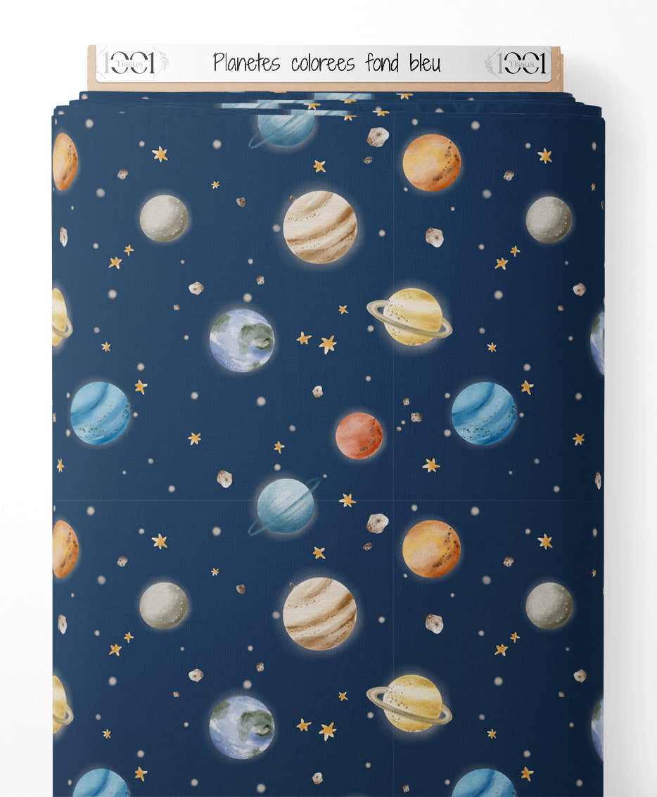 Tissu - Planètes colorées sur fond bleu