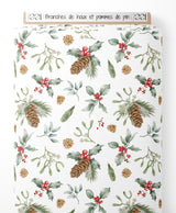 Tissu - Branches de houx et pommes de pin