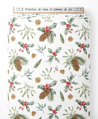 Tissu - Branches de houx et pommes de pin