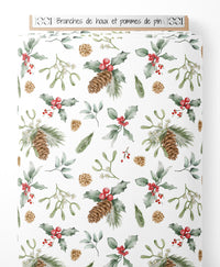 Tissu - Branches de houx et pommes de pin