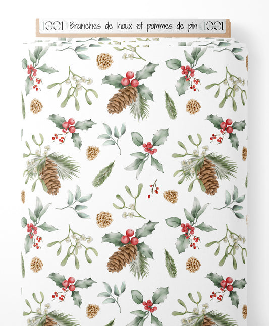 Tissu - Branches de houx et pommes de pin