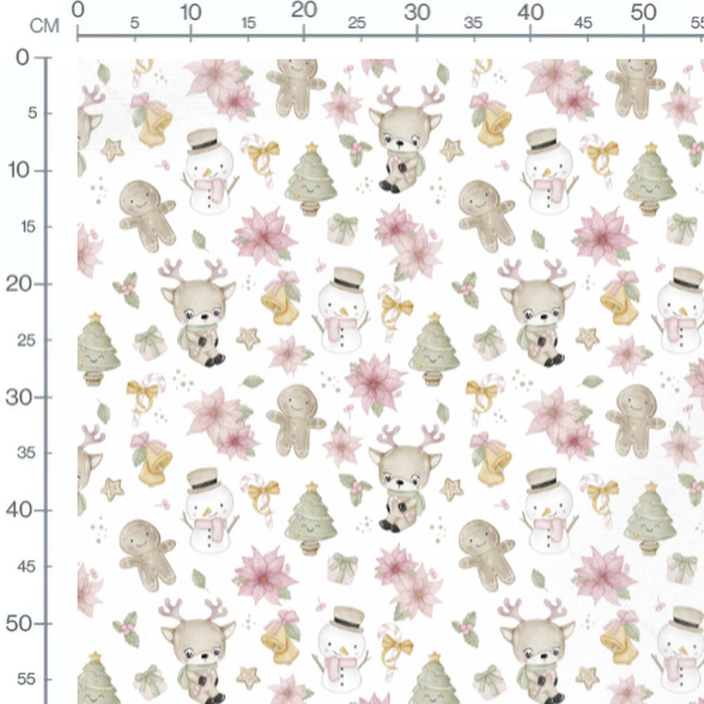 Tissu - Rennes et neige sur blanc 2