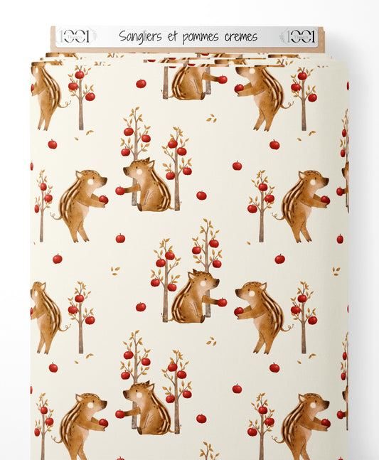 Tissu - Sangliers et pommes crèmes