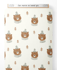 Tissu - Ours marron en bonnet gris