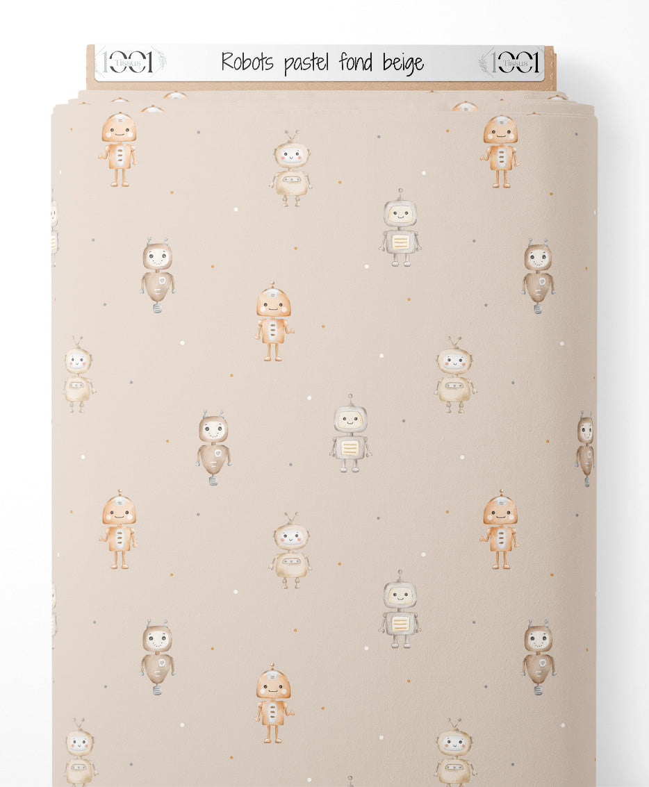 Tissu - Robots pastel sur fond beige