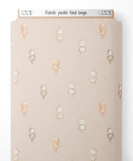 Tissu - Robots pastel sur fond beige