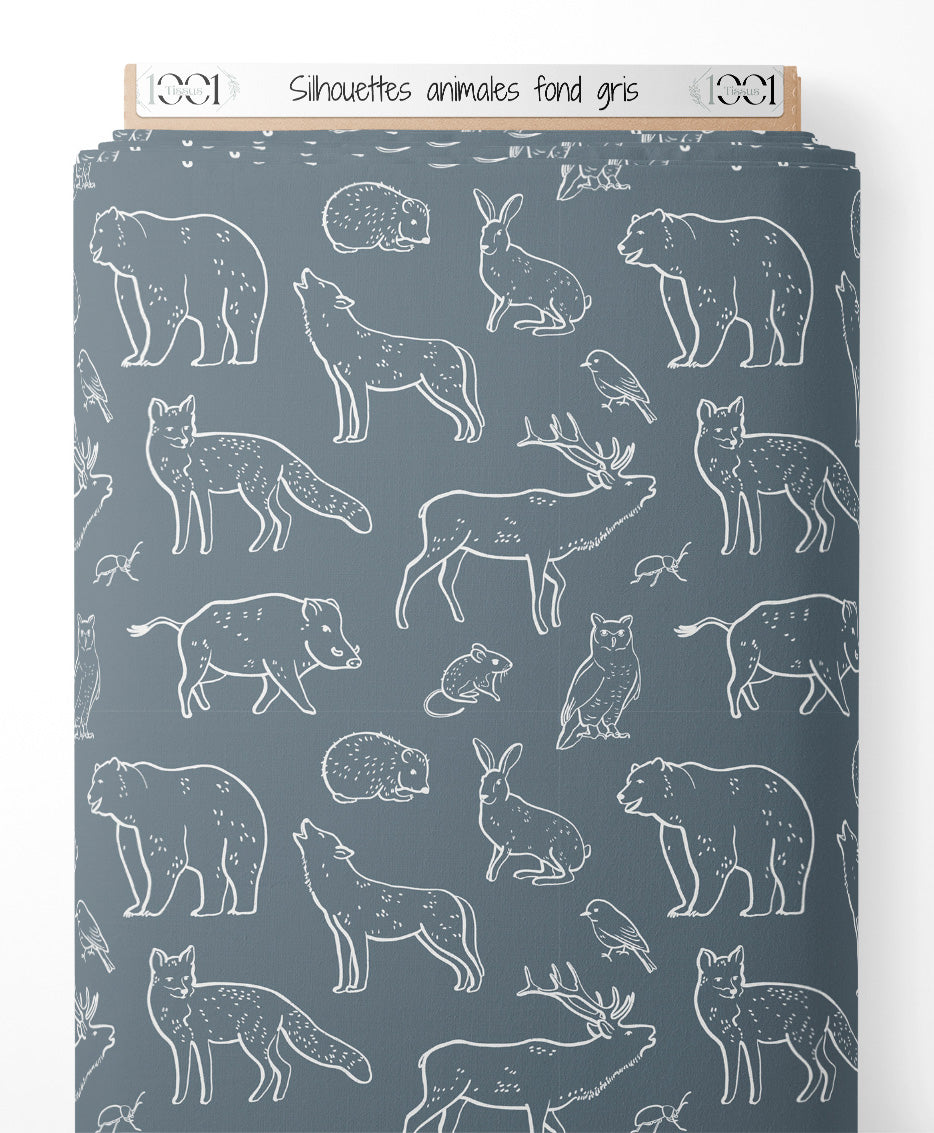 Tissu - Silhouettes animales sur fond gris