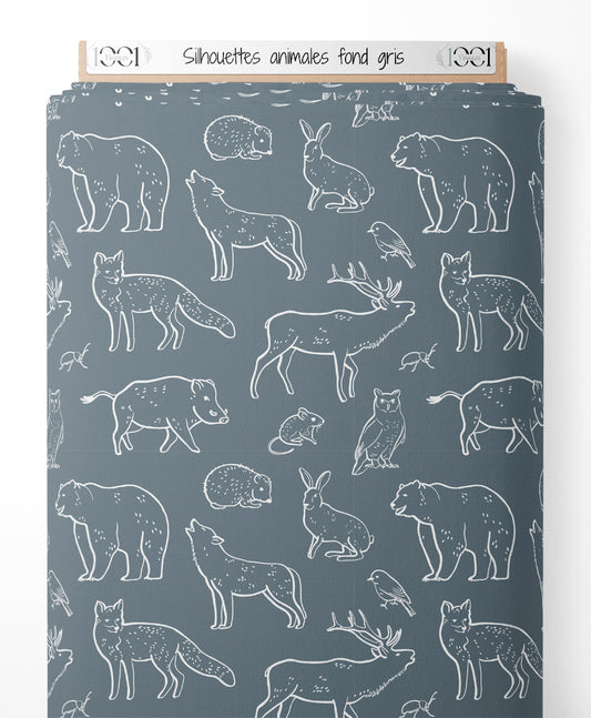 Tissu - Silhouettes animales sur fond gris