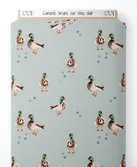 Tissu - Canards bruns sur bleu clair