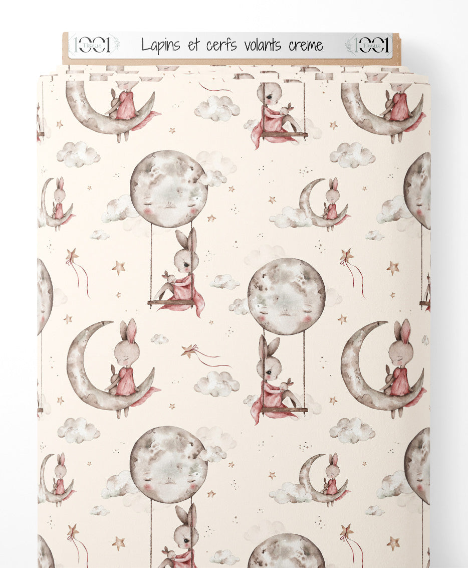 Tissu - Lapins et cerfs-volants crème
