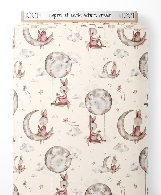 Tissu - Lapins et cerfs-volants crème