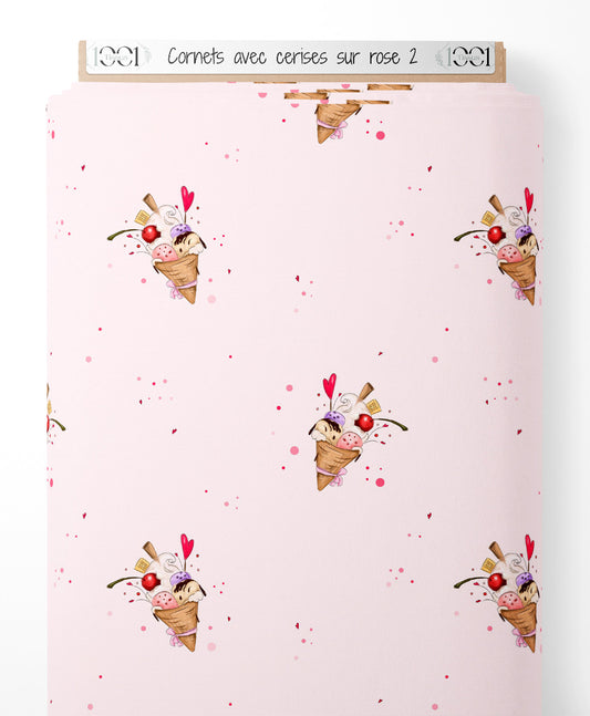 Tissu - Cornets avec cerises sur rose 2