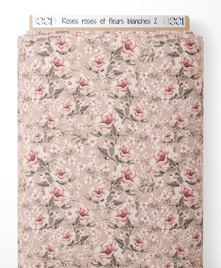 Tissu - Roses roses et fleurs blanches 2